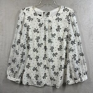 Talbots Ivory Bow Print Tie Back Blouse Size XLP Sheer Overlay Balloon Sleeve